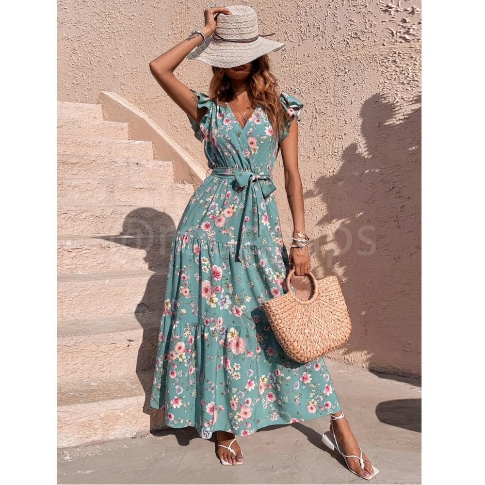 Floral Dress Surplice Overlapping V Neck Fit & Flare Maxi Long Green Tie Belt